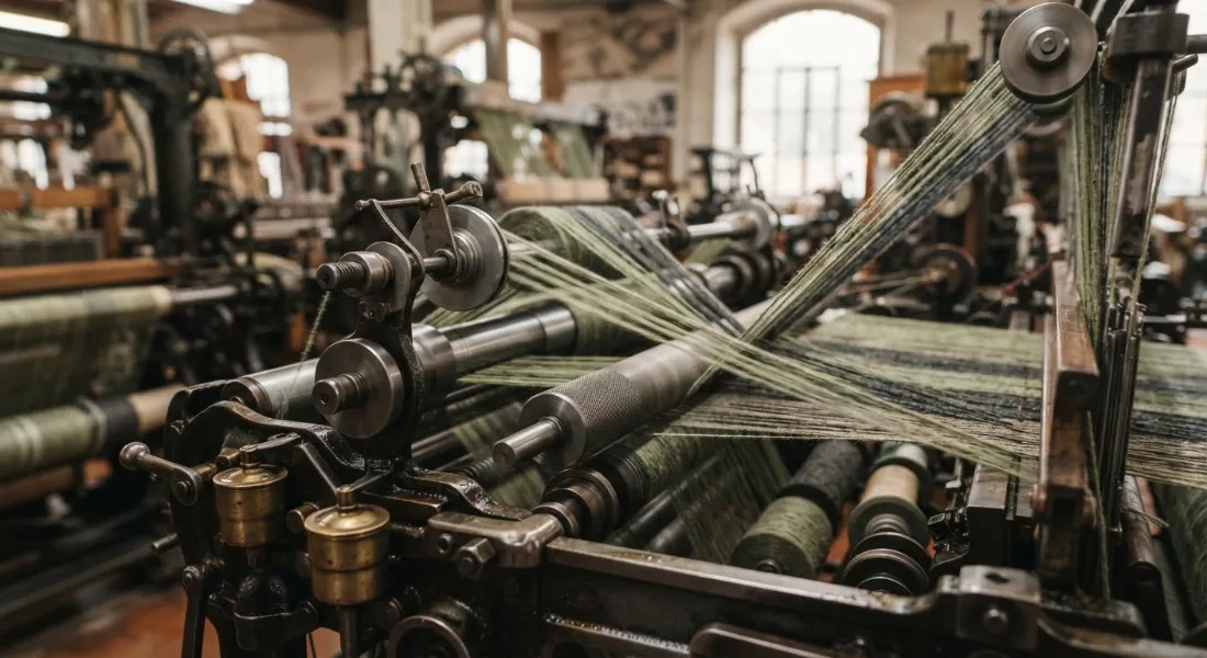 Green and grey yarn running through the rollers of a weaving loom