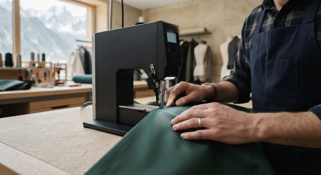 Hands guiding green technical fabric through a sewing machine
