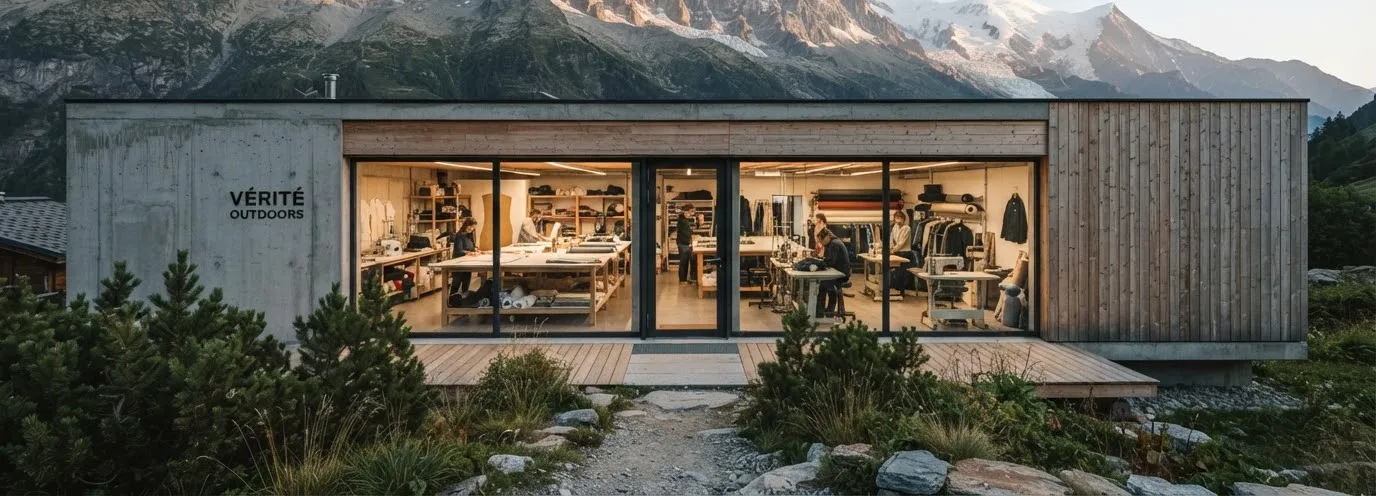 Timber and concrete design studio in a mountain valley, with people working at tables inside